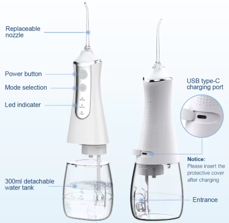 Water Flosser Portable Oral Irrigator 5 Pressure Mode 4 Replaceable Jet Teeth Cleaner Home and Travel - Powerful Cordless 300ML Dental Flosser